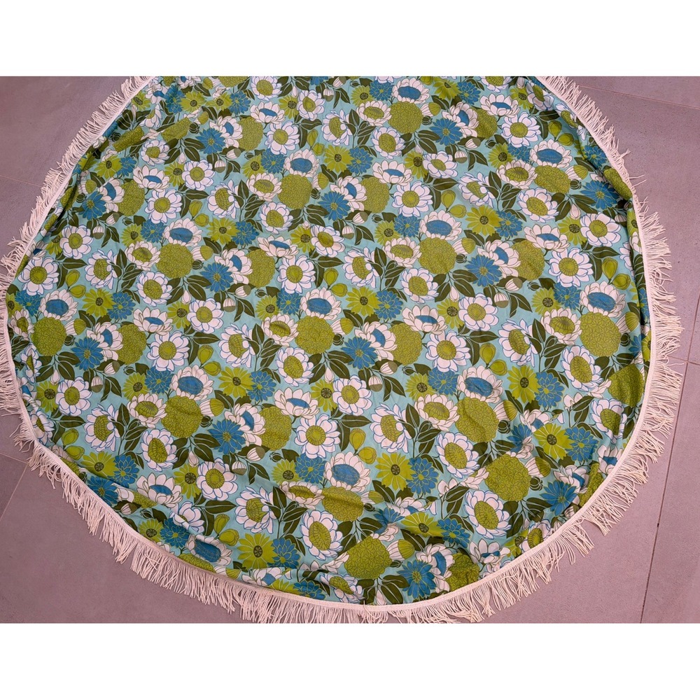 Vintage 1970 bedspread Tablecloth Round Blue Green MCM  Boho Fringe